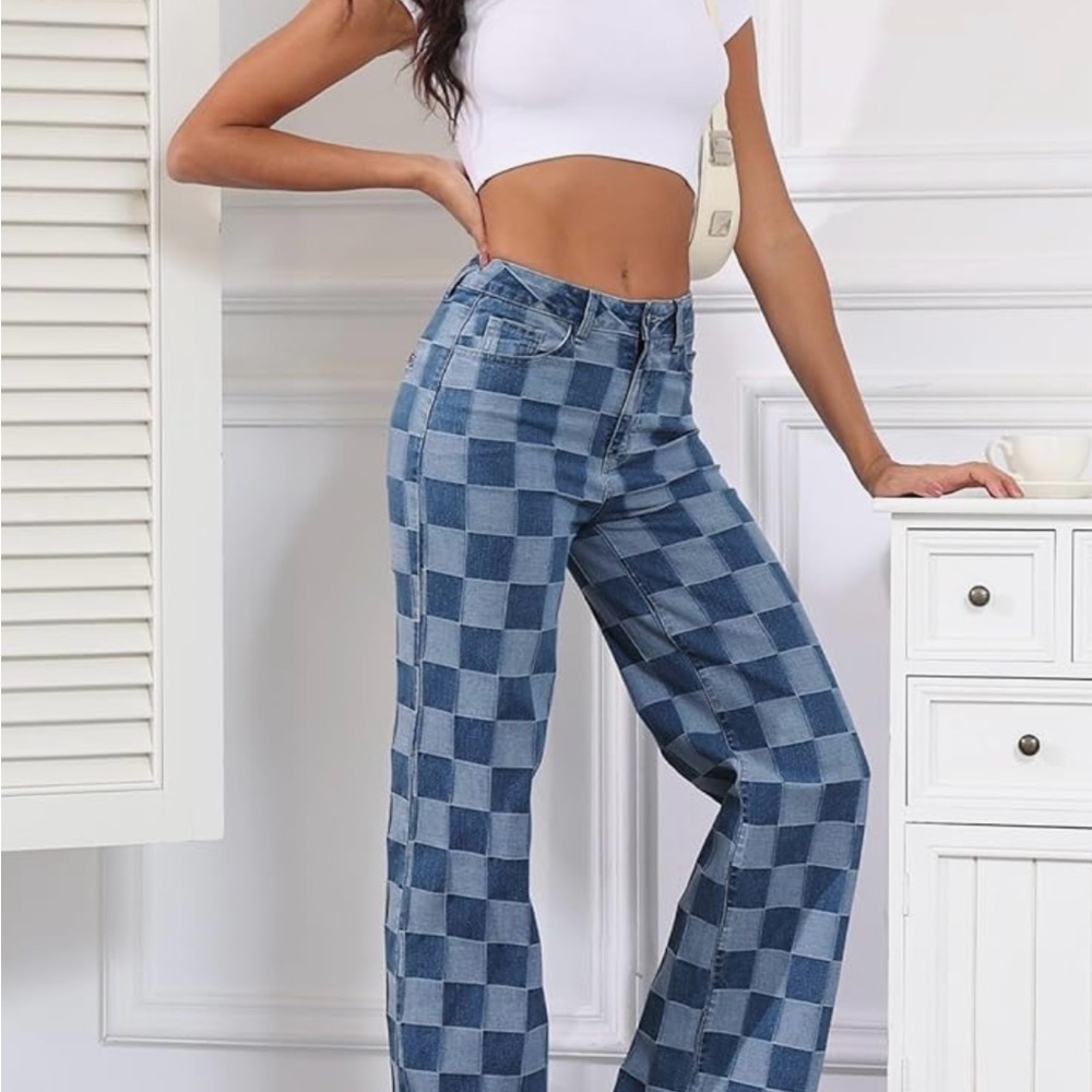 Checkered Blue Women's Jeans - Picture 3 of 5